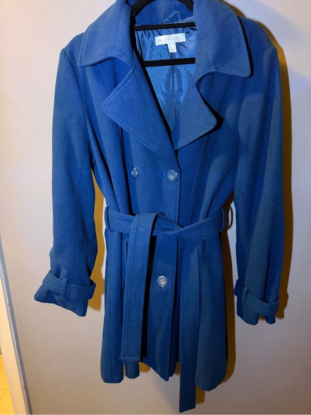 New York & Company Blue/Green Belted Double-Breasted Trench Coat